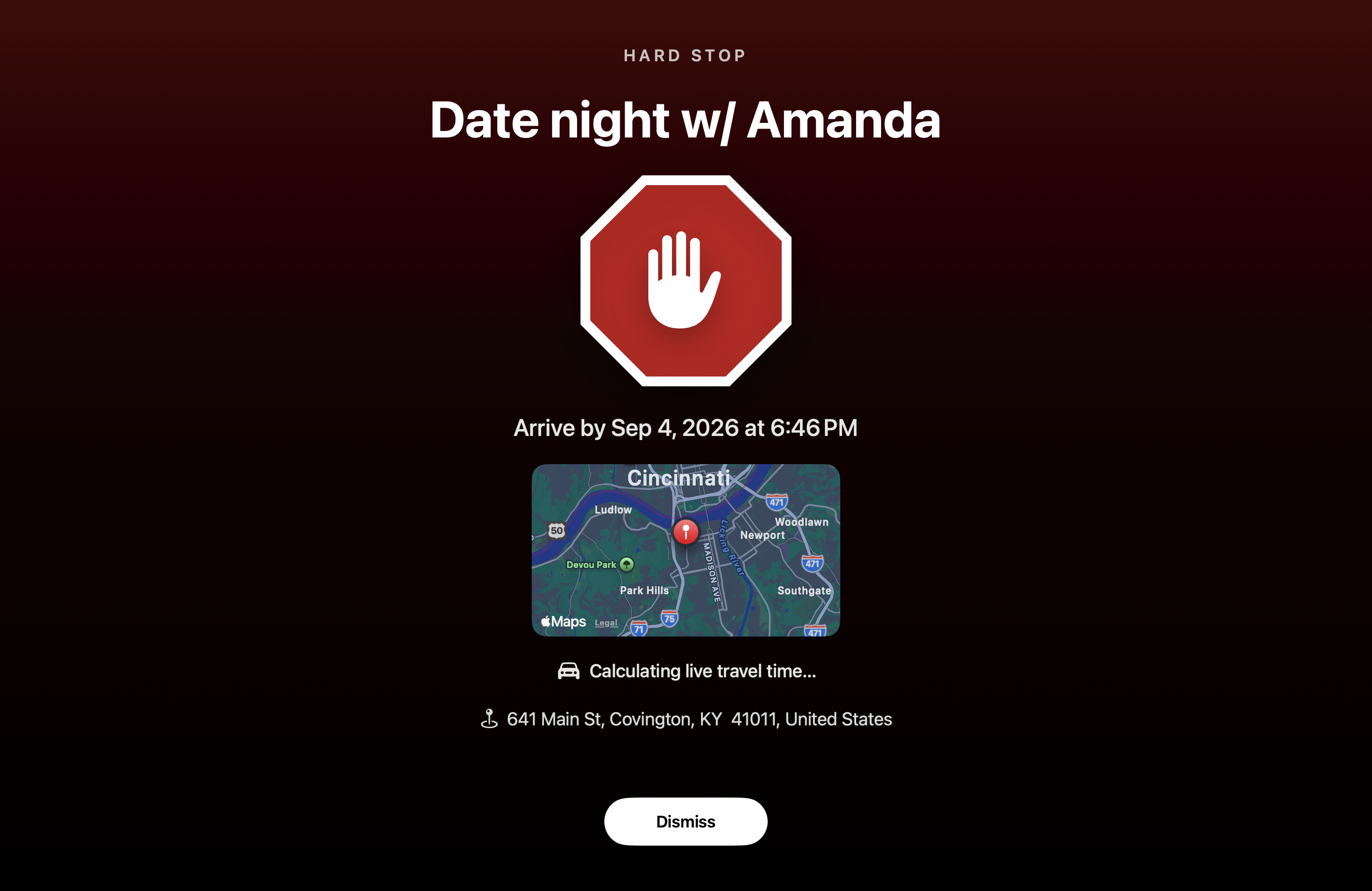 Hard Stops full-screen alert on a Mac